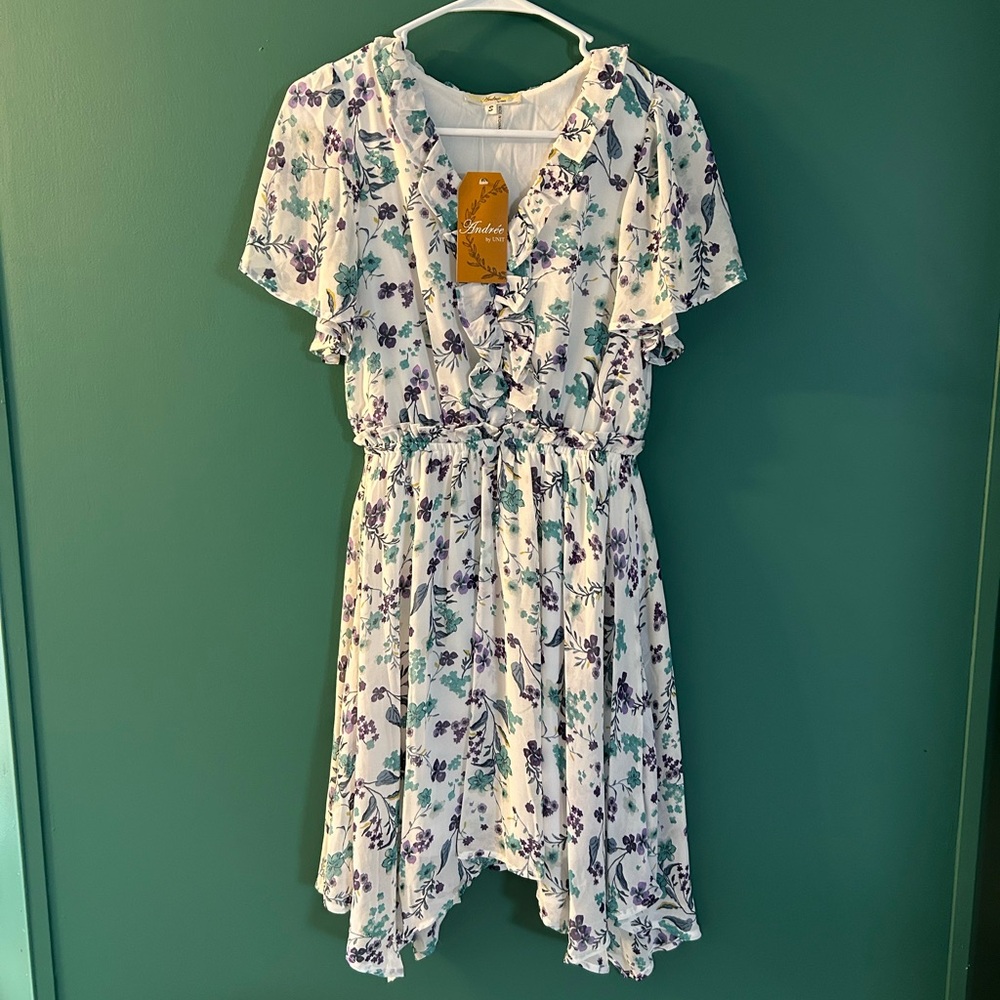 ANDREE BY UNIT White Floral Ruffle Dress High Low Knee Length Easter Spring